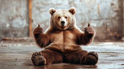 A charming bear sits on a concrete floor, giving two thumbs up with a cheerful expression, creating a delightful scene of amusement and positivity.