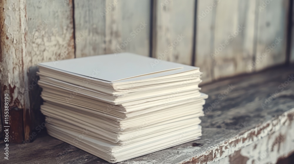 Poster stack of blank business cards resting on rustic wooden surface ideal for branding or networking conc
