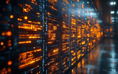 Glowing digital data streams on server wall.
