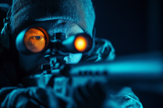 A sniper with a thermal imaging scope, targeting in complete darkness, the glowing scope lens in focus.
