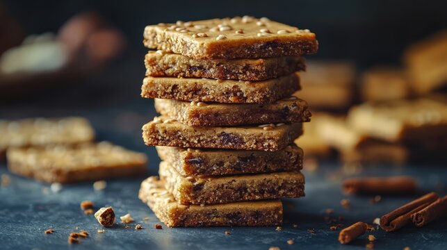 Delicious stack of square cookies with a crunchy texture isolated on a dark background perfect for dessert or snack imagery