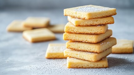 Stack of square cookies arranged neatly on a light gray background showcasing their texture and color for food-related projects