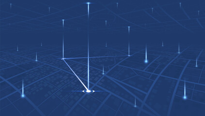 Route on the map to marker. City street map with various points of interest. GPS tracking system to navigate and way around the city landmarks, directions to different locations. Vector illustration