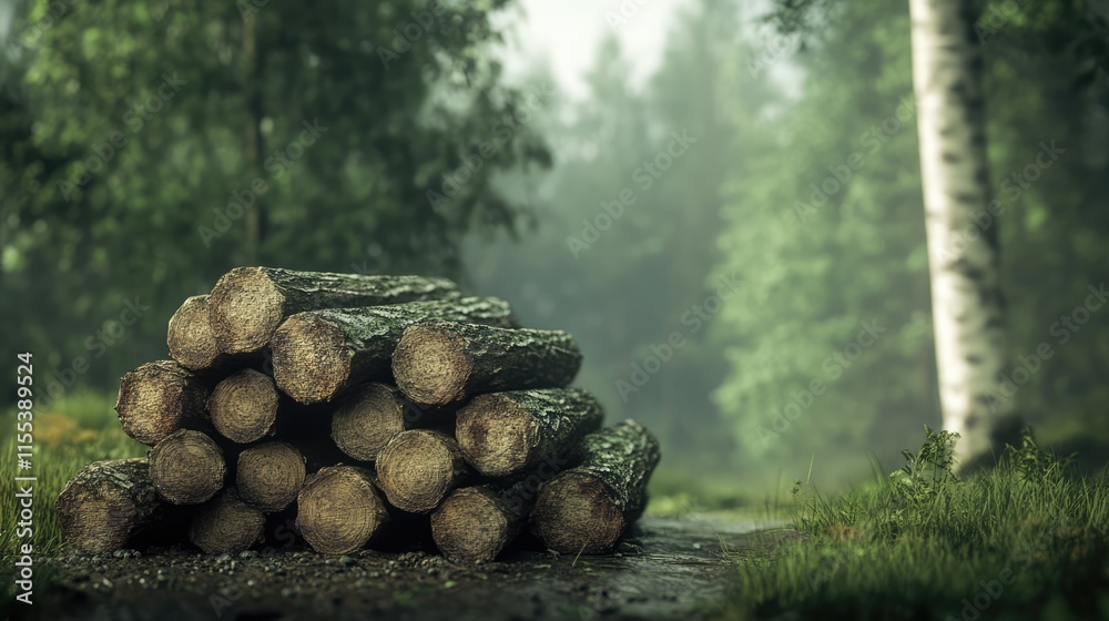 Poster Stack of tree logs resting on a forest path surrounded by greenery and tall trees creating a serene nature atmosphere.
