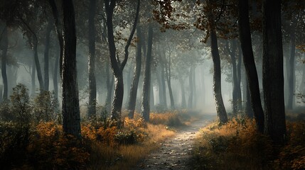 Fototapeta premium Mystical Autumn Forest with Sunlit Pathway and Tall Trees in Misty Atmosphere : Generative AI