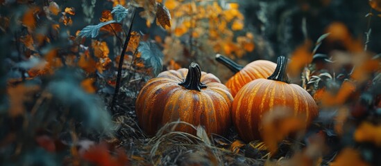 Autumn garden scene featuring vibrant pumpkins among foliage in seasonal hues of orange and gold