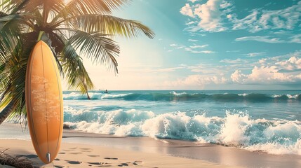 A surfboard leaning against a palm tree on a white sandy beach, with blue ocean in the background.