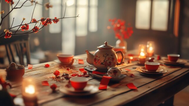 Festive Chinese New Year tea set on wooden table with red decorations and candles. - Powered by Adobe