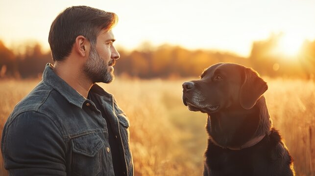 A stylish man stands beside his poised dog in a sunlit golden field, both looking outward, capturing the essence of companionship and the beauty of nature.