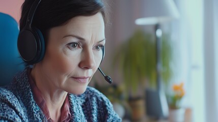 Middle aged mature woman in headphones working from call