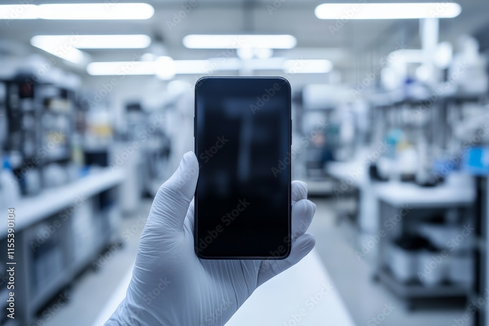 Poster a gloved hand holding a smartphone in a cutting-edge lab, illustrating technology's integration with