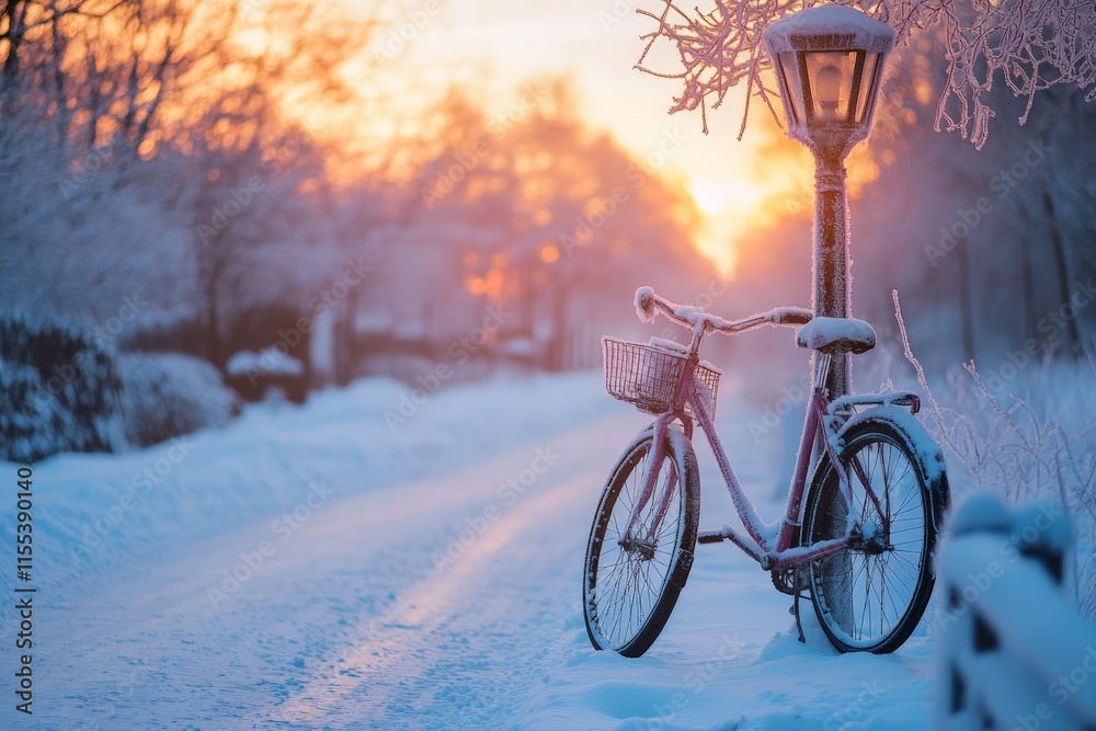 Aufkleber a serene winter sunrise illuminates a snowy path where a frost-covered bicycle rests by a lamp post,