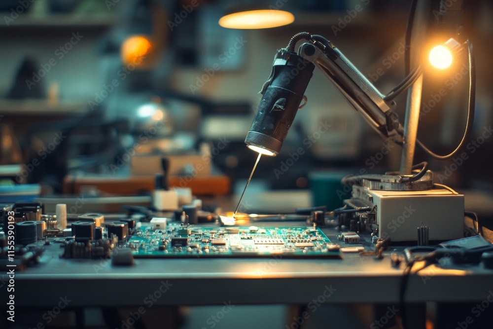 Aufkleber An electronic workbench is busy with a focused beam of light shining on a circuit board, where intricate soldering work is taking place in a workshop setting.