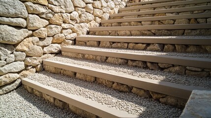 Stairway with sand and gravel stone flooring showcasing a harmonious blend of natural elements and structural design in outdoor setting