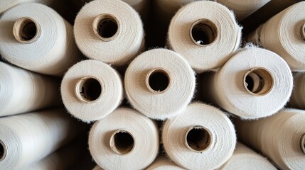 Stacks of empty spools arranged in a textile spinning unit showcasing the textile manufacturing process and unused materials.