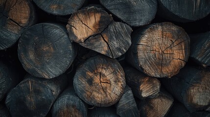 Naklejka premium Stacked firewood logs with textured surfaces in a visually appealing arrangement ideal for rustic backgrounds or nature-themed designs