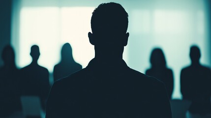 Fototapeta premium usiness meeting silhouette with leader in focus and team members
