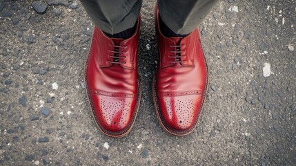 Elegant red leather oxfords on pavement showcasing craftsmanship and style perfect for fashion and footwear advertisements