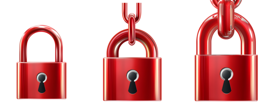 3 diffrent size red padlocks isolated over transparent (white) background; concept of several levels of security, encrypted online connection, https, home alarms, bike locks of different strengths - Powered by Adobe