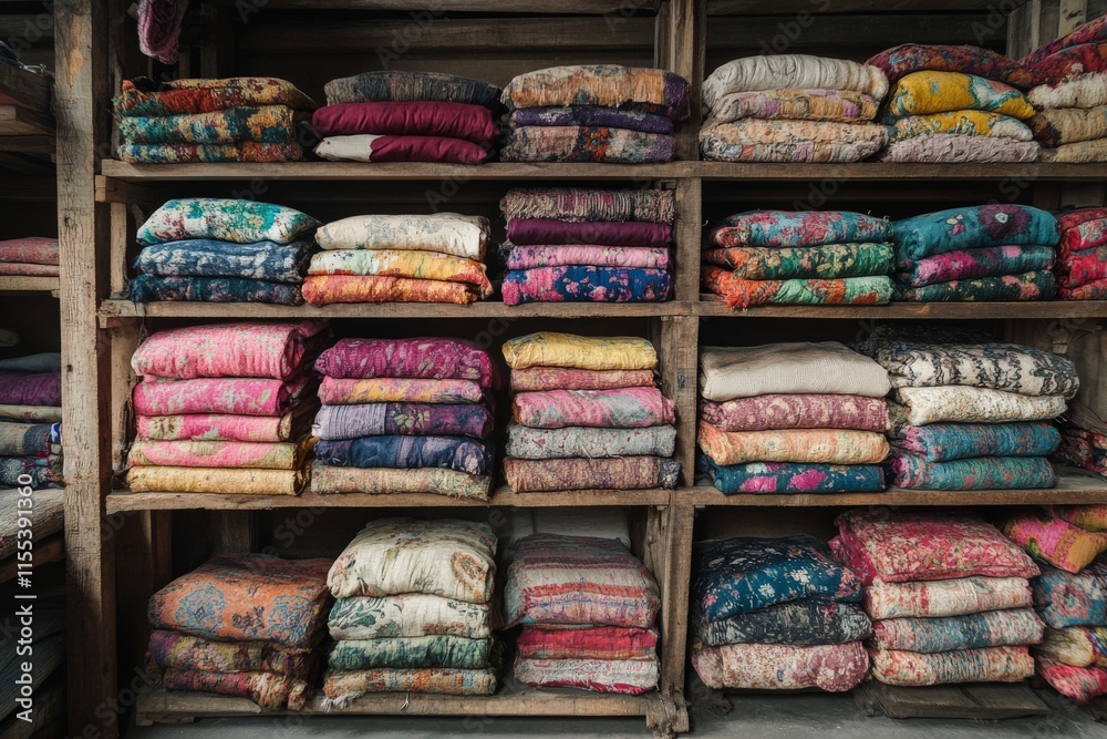 Poster the image displays neatly folded textiles with vibrant colors and patterns on wooden shelves, evokin