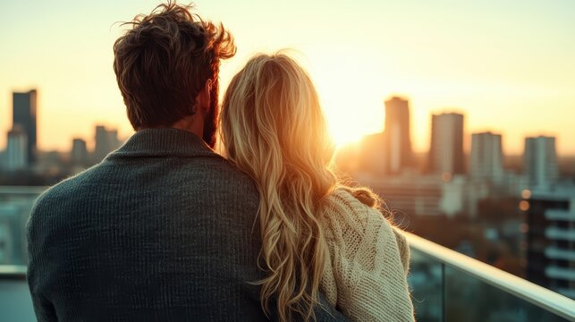 A romantic couple enjoys a beautiful sunset from a city balcony, wrapped in cozy sweaters, embracing each other as they admire the skyline view together.
