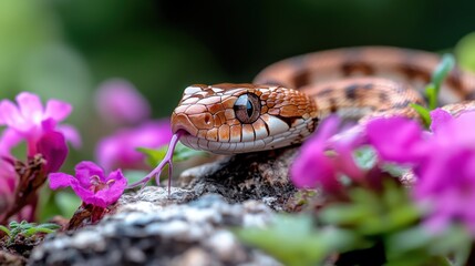 Obraz premium A detailed image of a snake, its delicate scales intricately displayed, amidst vivid flowers, represents nature's beauty and the elegance of wildlife.