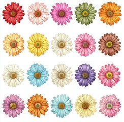 A Beautiful Array of Colorful Floral Designs Featuring Various Types of Daisies in Bright and Vibrant Hues Ideal for Backgrounds, Patterns, and Decorations