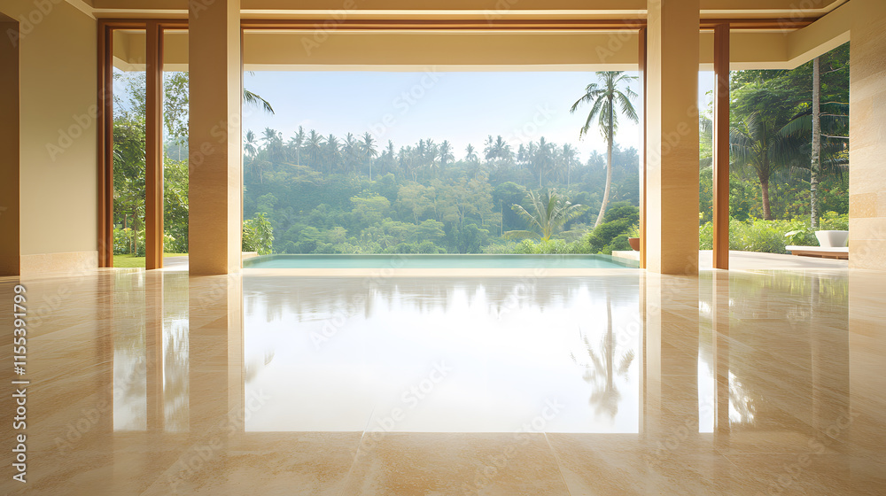 Poster spacious interior with a view of lush greenery and a serene landscape beyond large windows