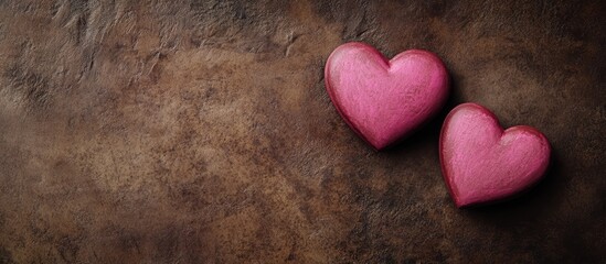 Two pink hearts on a textured brown background ideal for romantic themes or Valentine's Day promotions.