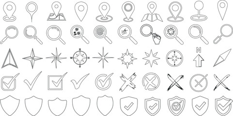 line Icons of map pins, magnifying glasses, navigation stars, checkmarks, shields, and crosses. Vector set perfect for web, apps, location, search, security, and approval designs