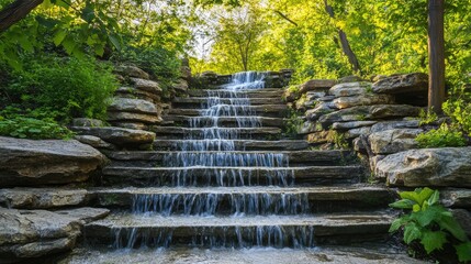 Peaceful cascading waterfall flowing over stone steps surrounded by lush greenery in a tranquil natural setting.