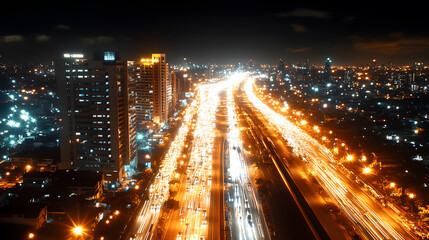 Obraz premium City skyline illuminated at night with busy traffic and glowing buildings