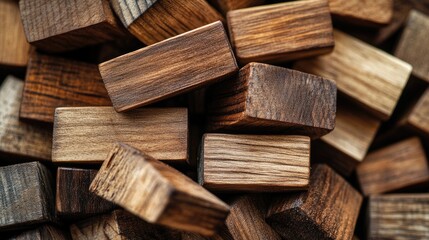 Stacked wooden blocks in various tones on a white wood background showcasing family entertainment relaxation and construction play elements