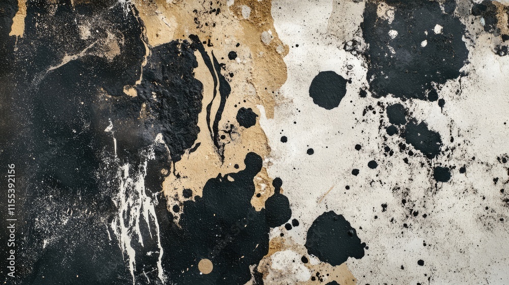 Poster abstract art with black and beige paint stains on textured paper creating a unique background design