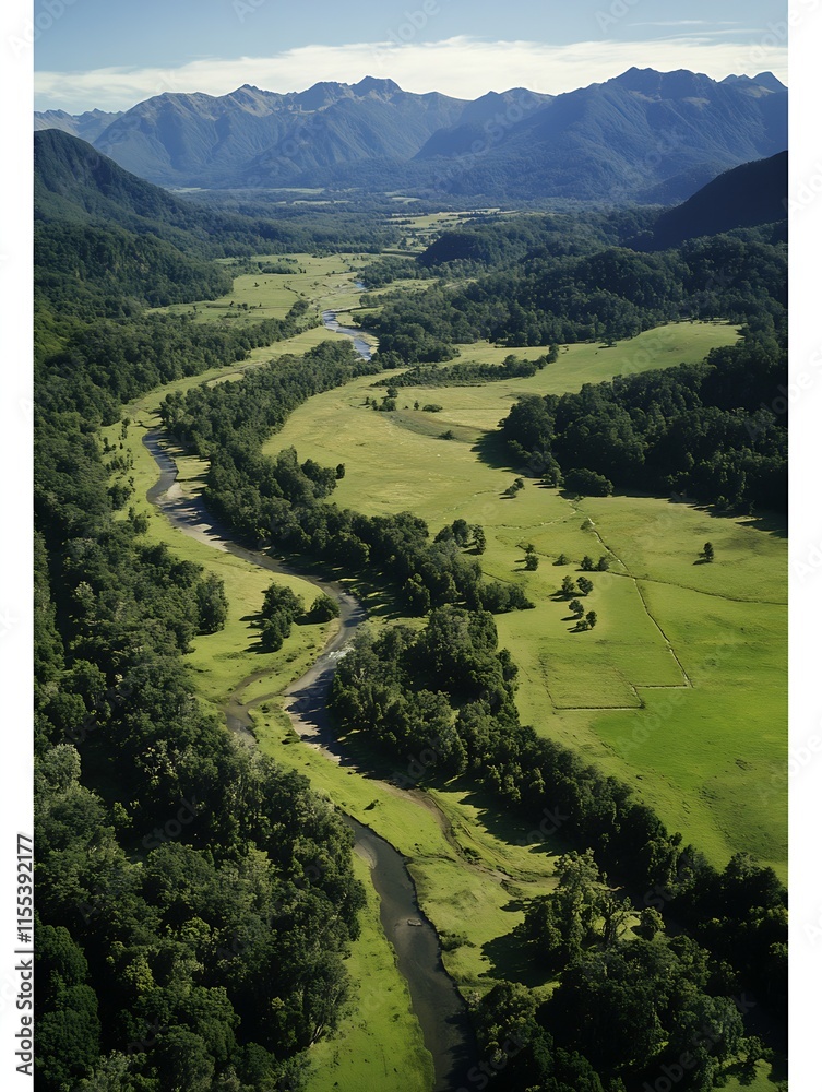 Poster Aerial View of Serene Valley with River and Lush Green Mountains Under a Clear Sky : Generative AI