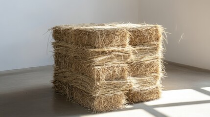 Stacked wheat straw bales in a sunlit indoor space showcasing natural textures and agricultural elements for rustic or rural themes