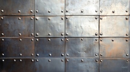 Fototapeta premium Textured stainless steel plate background with rivets and industrial design elements for surface and pattern applications.