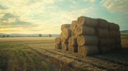 Hay bales stacked in a serene farm landscape under a beautiful sky symbolizing organic farming and livestock feed storage.