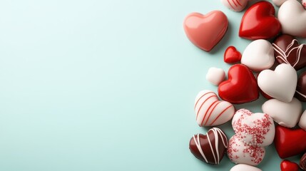 An assortment of beautifully decorated heart-shaped chocolates in shades of red, white, and brown lies on a teal background, evoking luxury and indulgence.