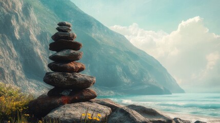 Serene Stacked Rocks at Cliffside Overlooking Calm Ocean Waves and Lush Green Mountains under a Clear Sky