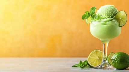 A glass filled with luscious mint lime sorbet topped with mint leaves and lime slices sits surrounded by more limes and a warm background, offering a fresh appeal.