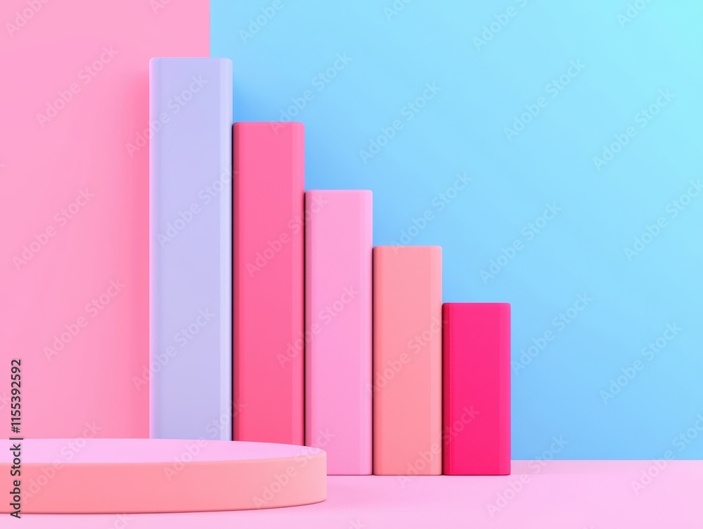 Poster 3d bar graph with pastel-colored blocks illustrates business analytics and growth concept on split pink and blue background
