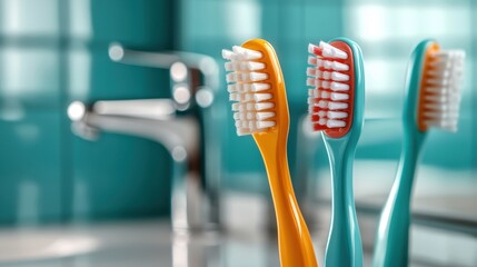 An assortment of colorful toothbrushes stands upright against a teal-tiled background in a modern bathroom, symbolizing cleanliness and everyday routines.