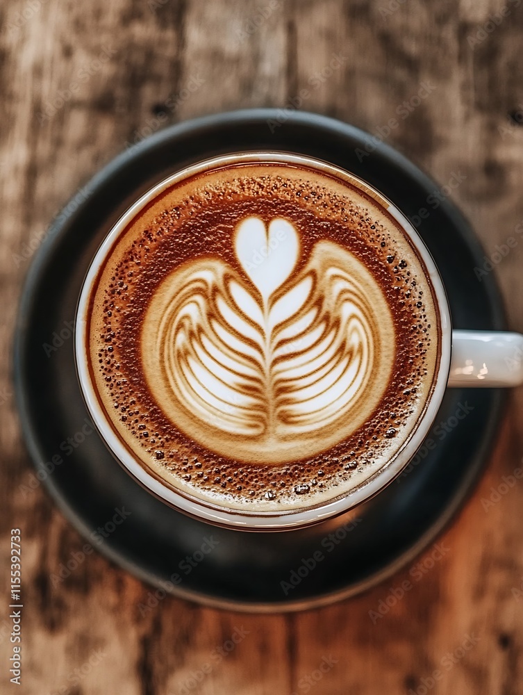 Poster Artistic Cappuccino Coffee with HeartShaped Latte Art on Rustic Table : Generative AI