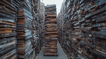 Obraz premium Wooden planks stacked in a lumber warehouse showcasing wood drying process for building materials background