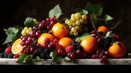 A luxurious arrangement of various fruits such as oranges, grapes, and blackberries, artfully placed on a marble surface, embodying abundance and natural elegance.