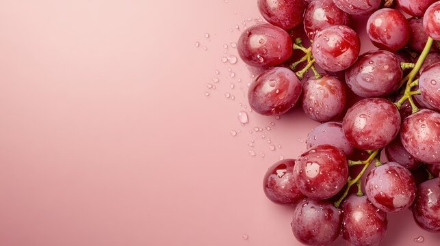 The image showcases a vibrant bunch of red grapes with water droplets, set against a soft pink background, emphasizing freshness and simplicity.