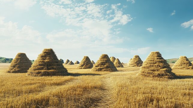 Stacks of golden hay bales in a vast agricultural field under a clear blue sky showcasing rural farming landscapes.