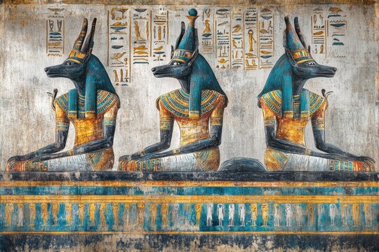 Ancient egyptian gods anubis sitting on thrones in grunge style