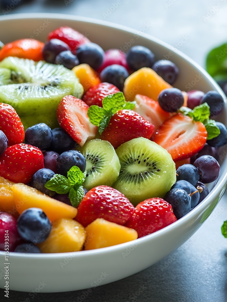 Poster bowl of fresh colorful mixed fruits with ripe berries and kiwi : generative ai